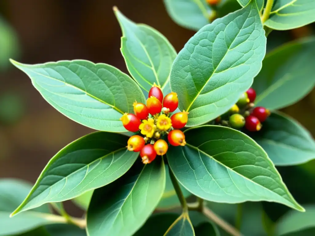 Una fotografía detallada y vibrante de una planta de Ashwagandha, con sus flores amarillas y bayas rojas, en un exuberante entorno natural