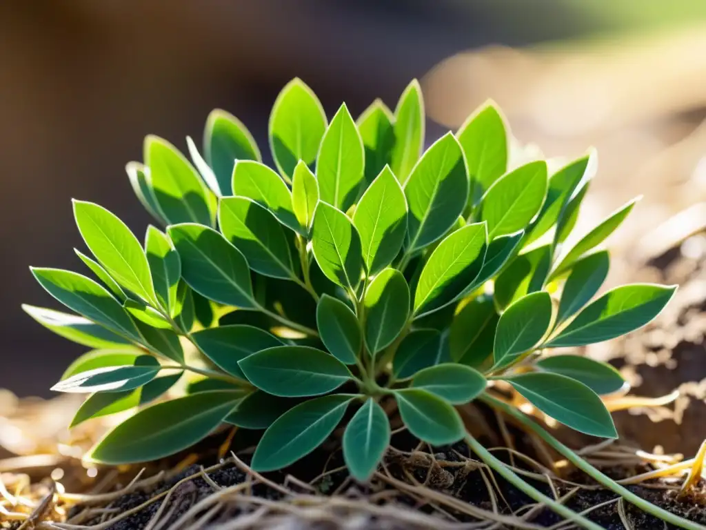 Detallado primer plano de una raíz de astrágalo verde vibrante, exudando vitalidad y salud