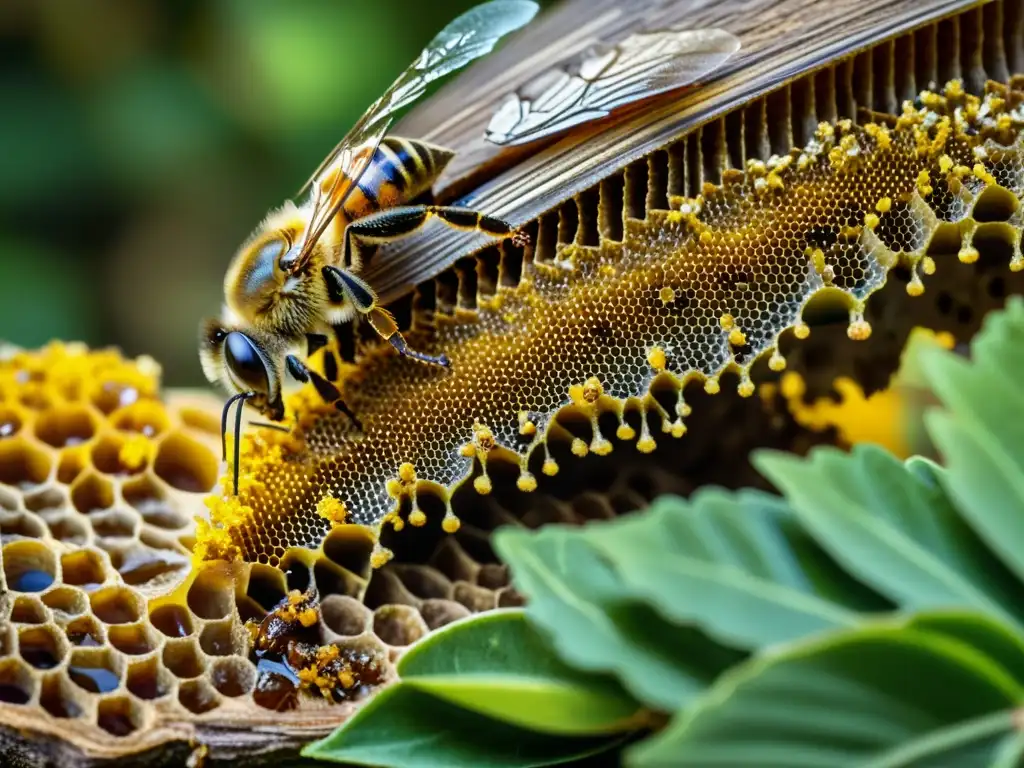 Detalle de abeja recolectando propóleo, resaltando los beneficios del polen de abeja para el sistema inmune