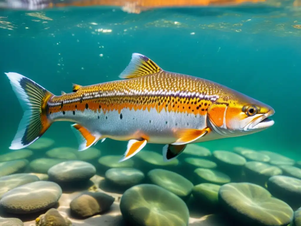 Detalle de salmón nadando en aguas cristalinas con reflejos de luz solar