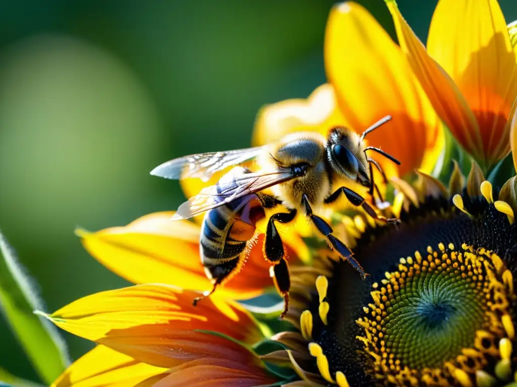 Detalle asombroso de una abeja recolectando polen de una brillante flor de girasol