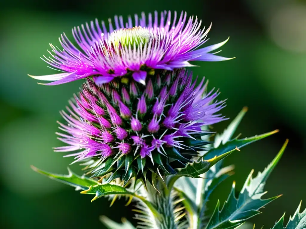 Detalle asombroso del cardo mariano con flores moradas vibrantes, hojas verdes espinosas y gotas de rocío