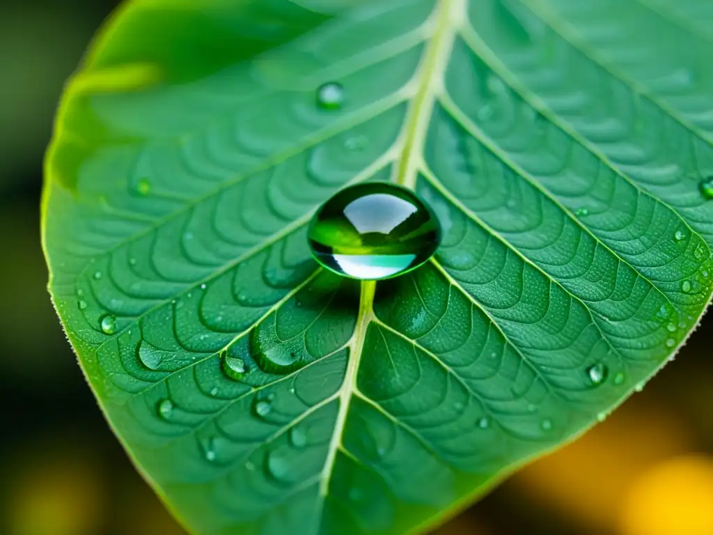 Detalle asombroso de gota de agua en hoja verde: vitalidad, inmunidad y belleza natural