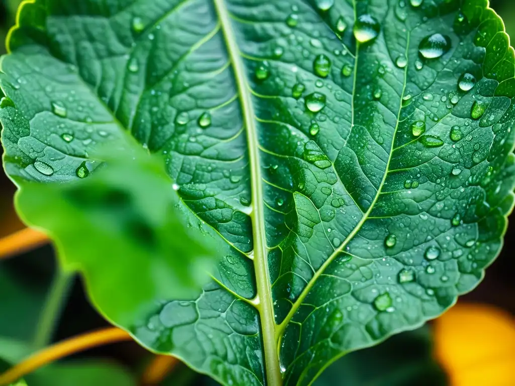 Detalle asombroso de hoja verde con gotas de rocío