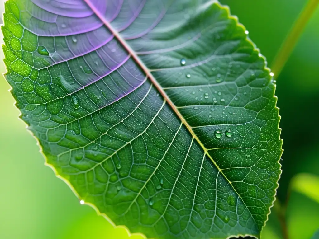 Detalle asombroso de una hoja verde vibrante con venas delicadas, brillando con rocío