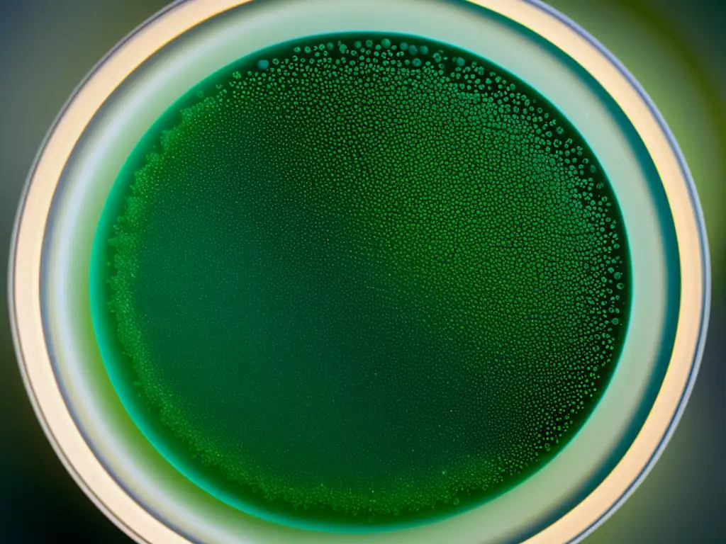 Detalle asombroso de una placa de Petri con agar vibrante y bacterias intrincadas, resaltando la importancia del selenio y zinc en el sistema inmune