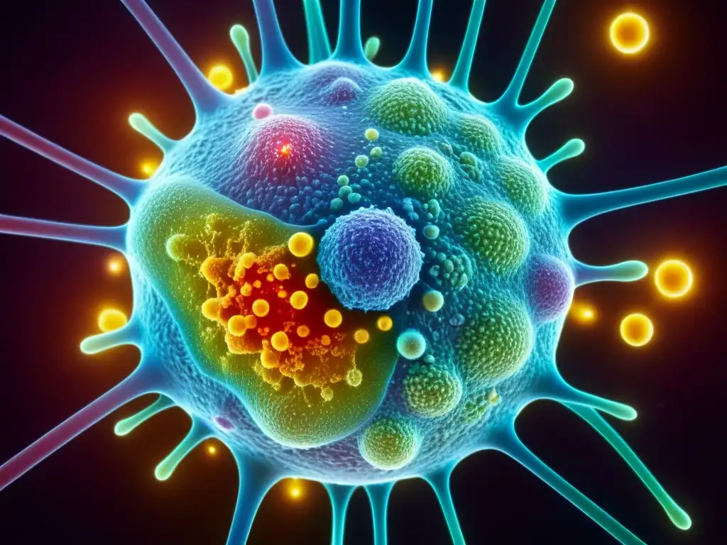 La asombrosa complejidad de la célula inmune: una mirada ultradetallada Detalle de una célula inmunológica humana bajo microscopio, resaltando la complejidad y la Importancia del sistema inmunológico humano
