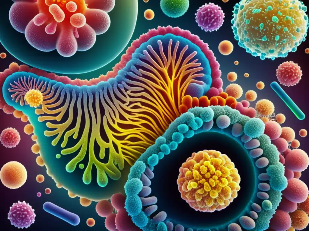 Detalle colorido y abstracto del microbiota intestinal humano, con bacterias, virus y hongos