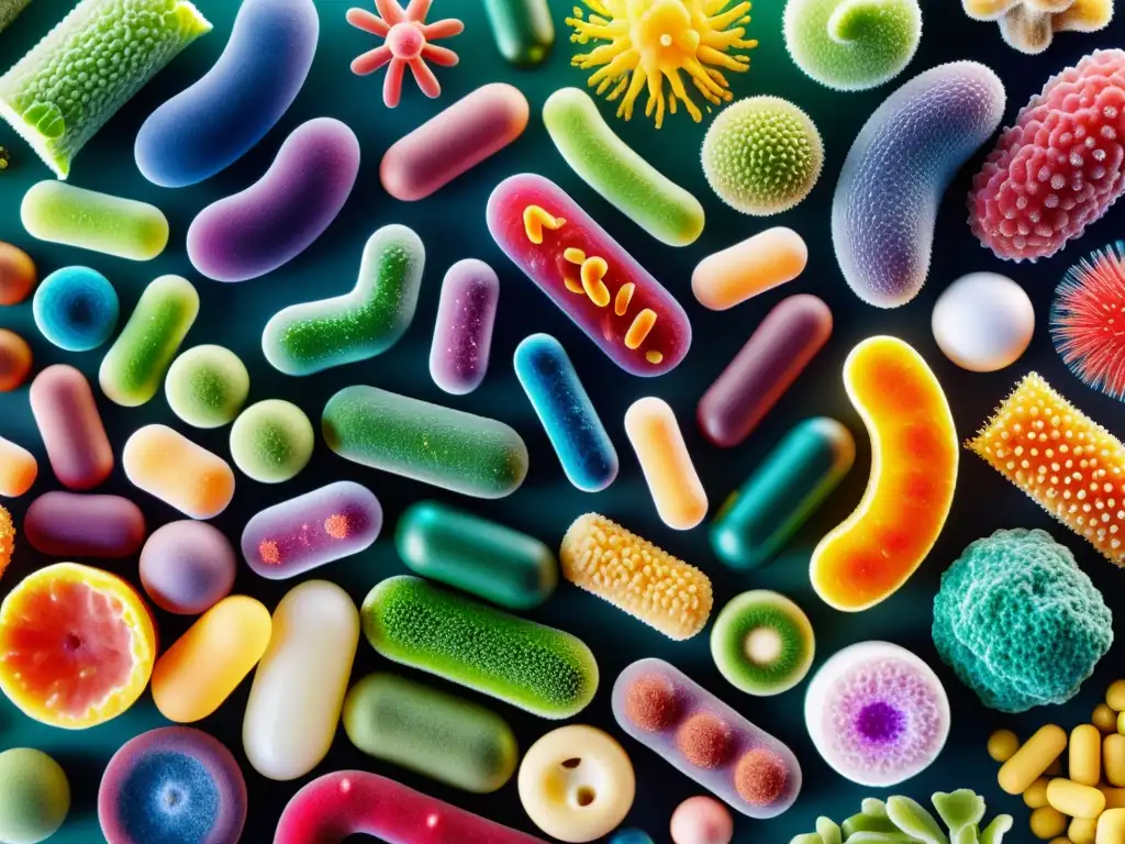 Detalle colorido y diverso de la microbiota intestinal, resaltando su complejidad