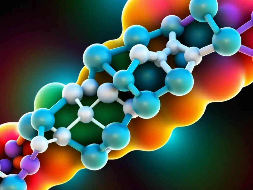 Detalle colorido de la estructura molecular del suplemento NAC para sistema inmunológico, con vívidos colores y precisión molecular