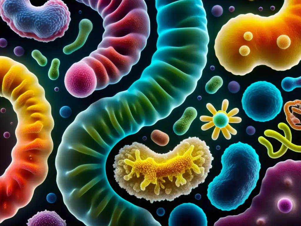 Detalle colorido de microbiota intestinal, destacando diversidad y vitalidad