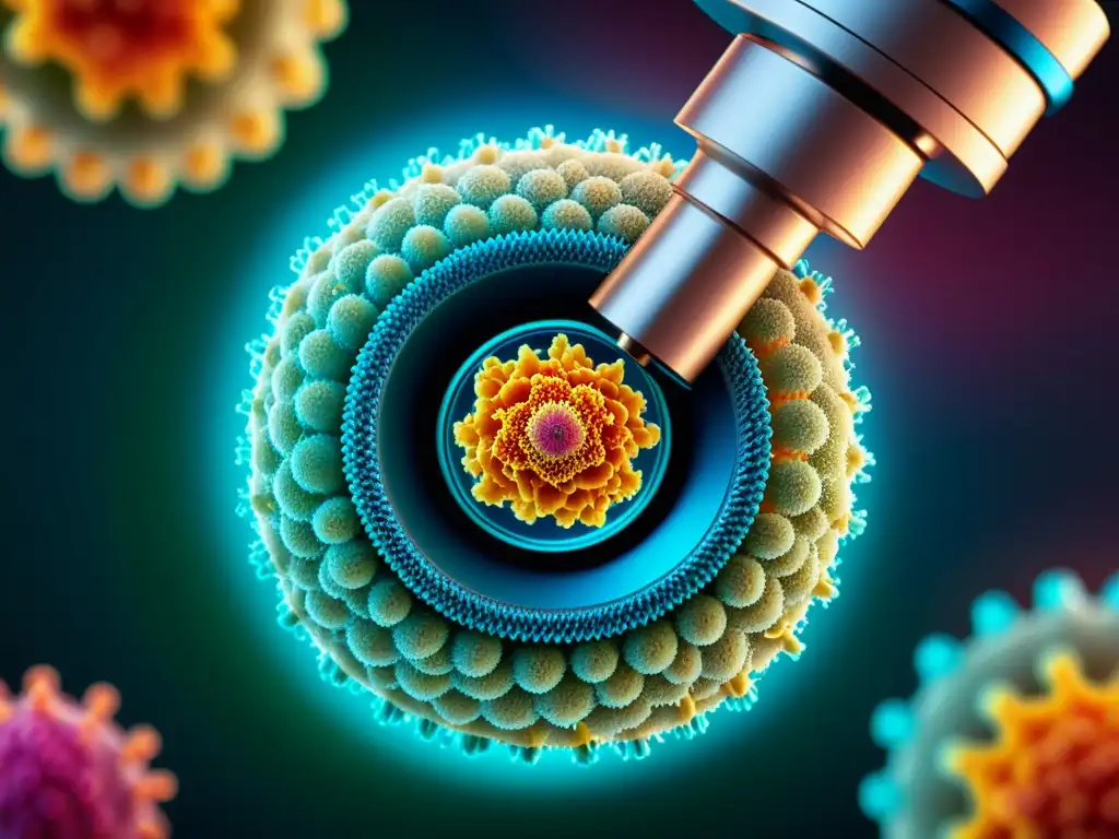 Detalle colorido de virus bajo microscopio de laboratorio, reflejando mundo fascinante de virología