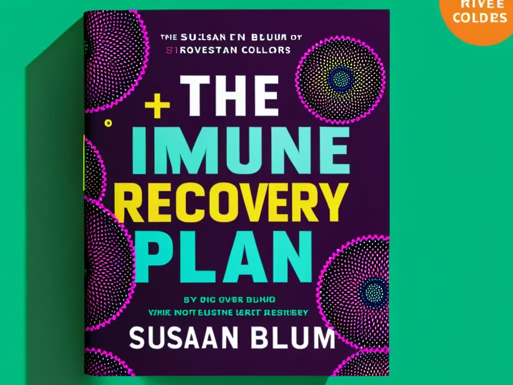 Detalle de alta resolución de la cubierta de 'The Immune System Recovery Plan' de Susan Blum, con colores vibrantes y tipografía moderna, que captura su estética profesional