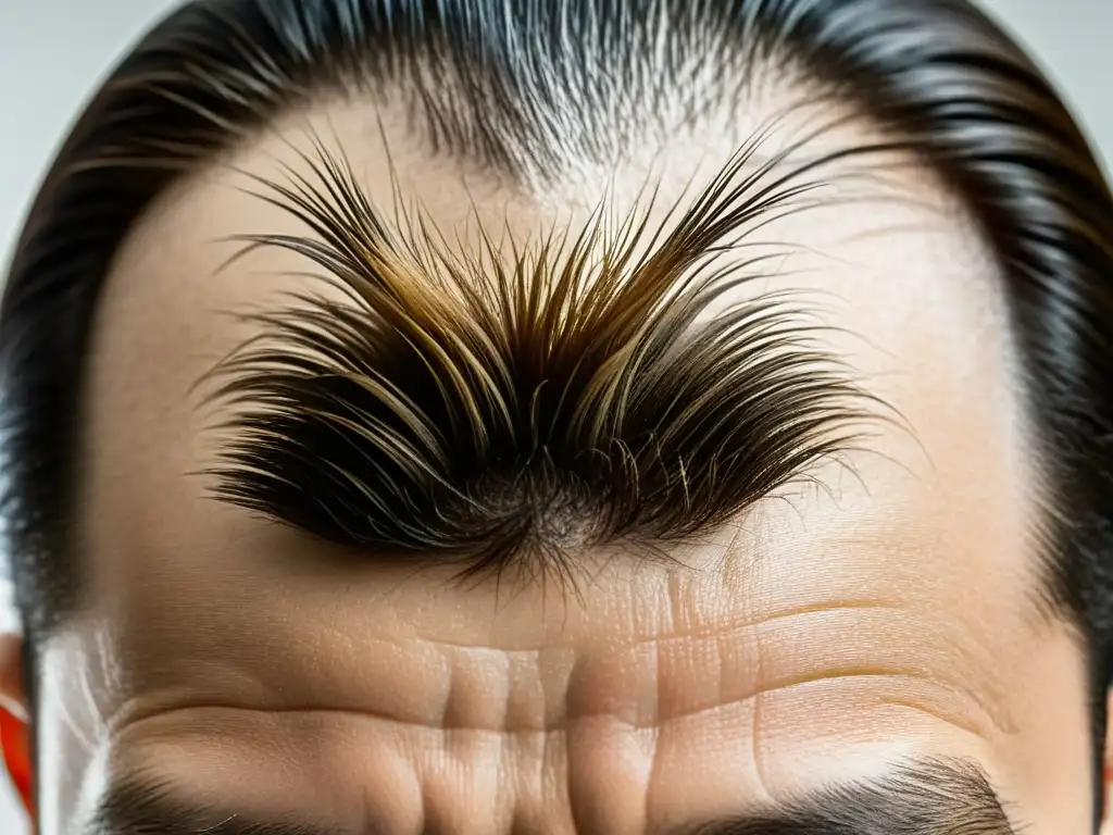 Detalle de cuero cabelludo con pérdida de cabello por alopecia areata, mostrando la regeneración capilar en distintas etapas