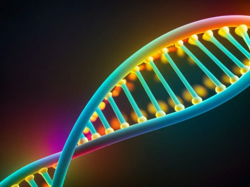 Detalle de la estructura en doble hélice del ADN, con colores vibrantes que representan las bases nucleotídicas