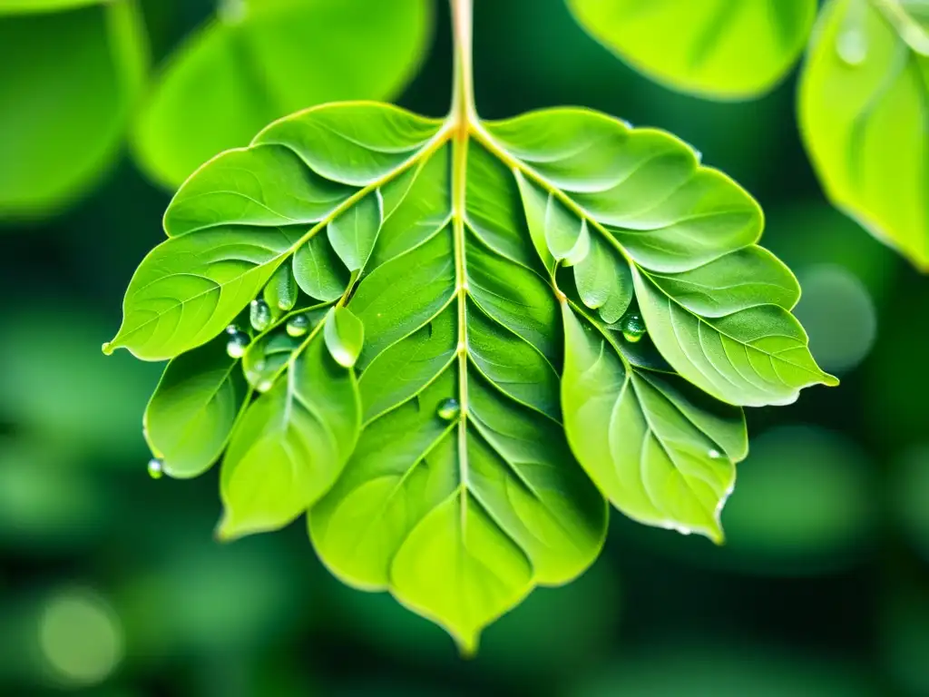 Detalle exquisito de hojas frescas de moringa en un patrón circular, con gotas de agua brillando en sus verdes superficies