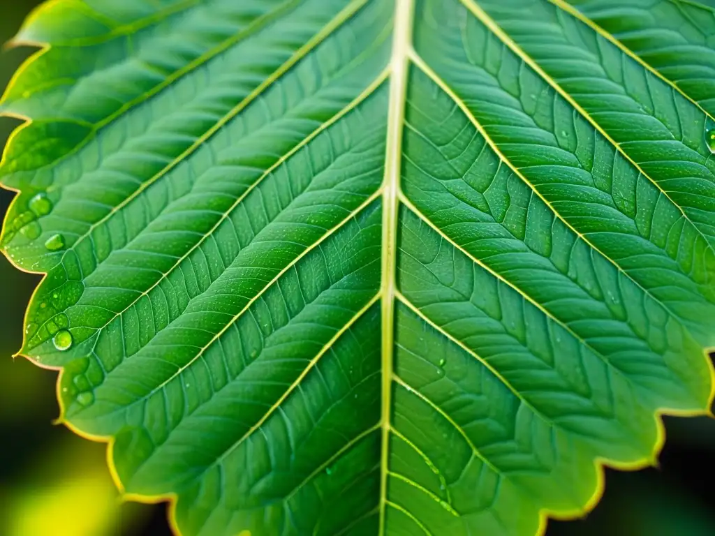 Detalle fascinante de una hoja verde vibrante, con venas y gotas de agua visibles