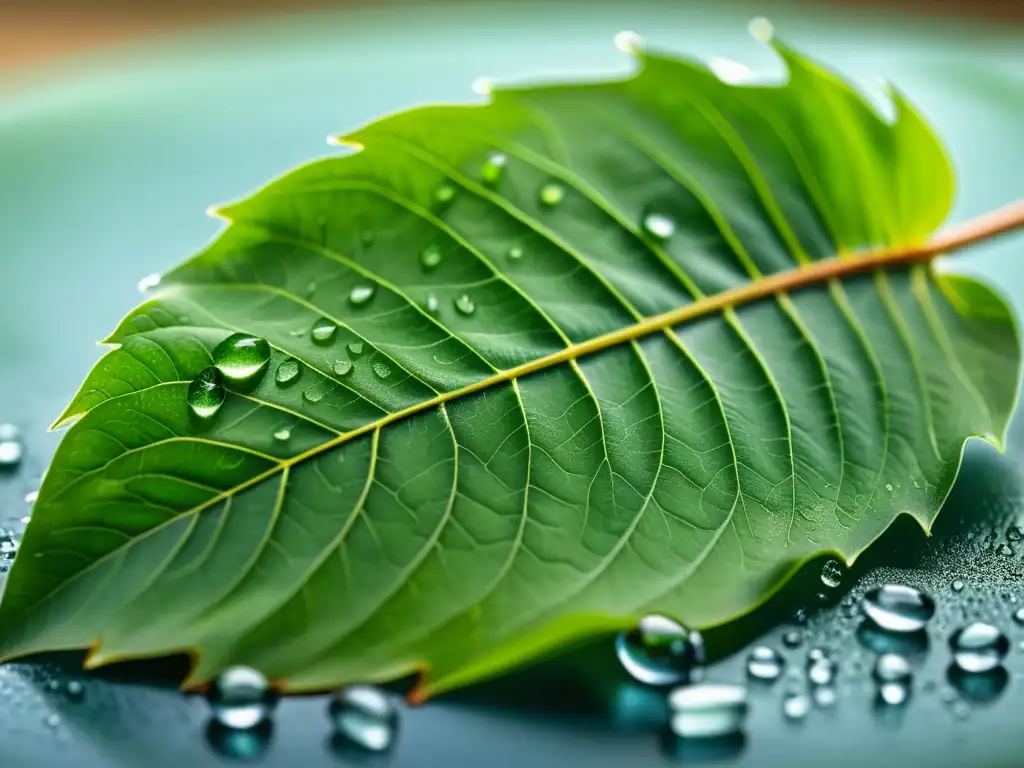 Detalle de una hoja de neem con gotas de agua, resaltando su textura y venas