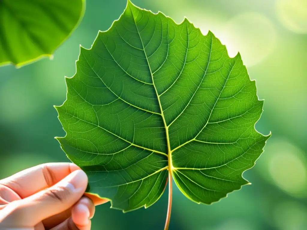 Detalle de hoja de neem con venas verdes, iluminada por el sol