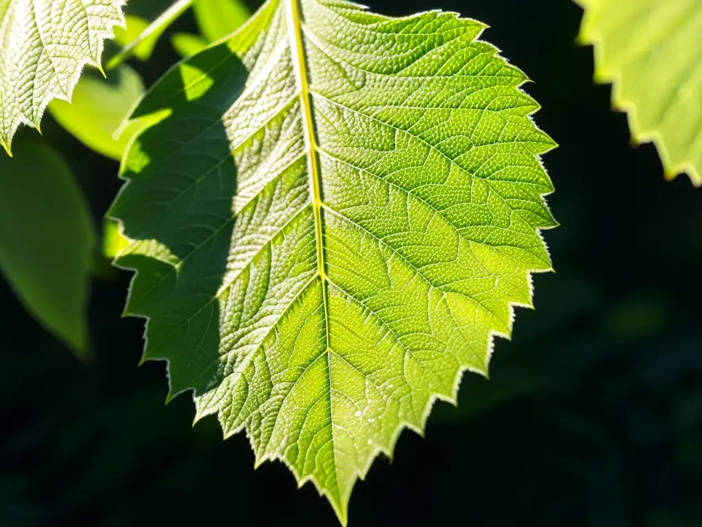 Detalle de una hoja de ortiga verde vibrante, con pelos brillantes, venas y luz solar filtrándose entre las hojas