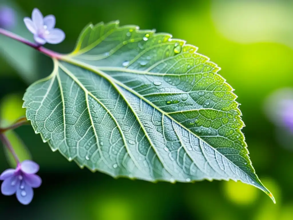 Detalle de hoja verde brillante con rocío, rodeada de flores moradas