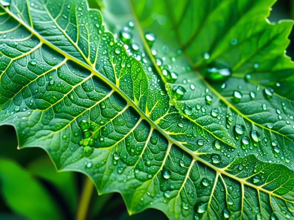 Detalle de hoja verde brillante con gotas de agua, mostrando la importancia de la vitamina D para el sistema inmunológico