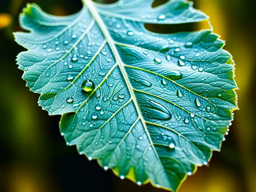 Detalle de hoja verde con gotas de rocío, reflejando luz solar