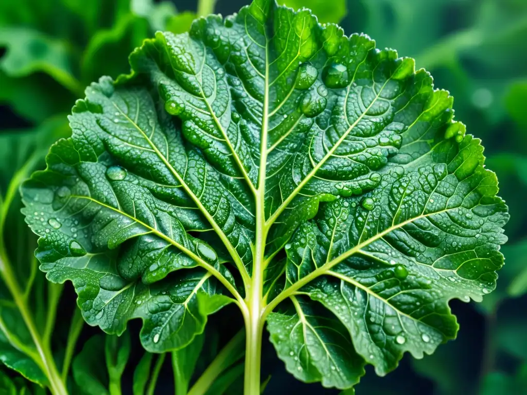 Detalle de hoja de vegetal verde con gotas de agua