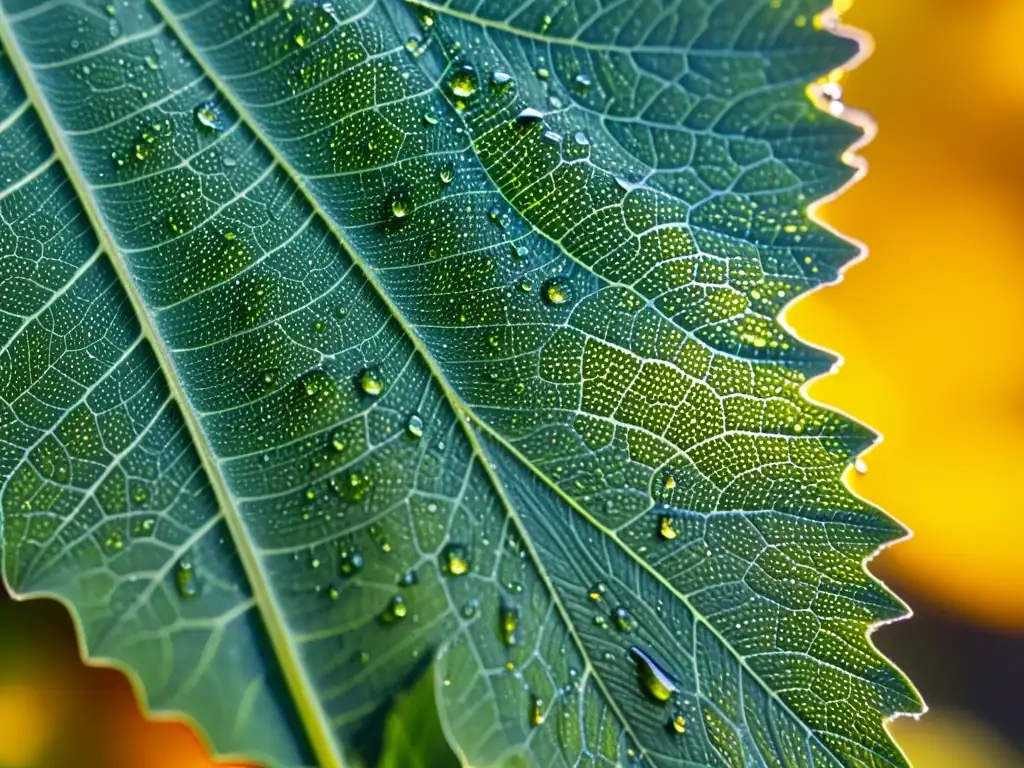 Detalle de una hoja verde con polen y gotas de agua, reflejando la luz del sol