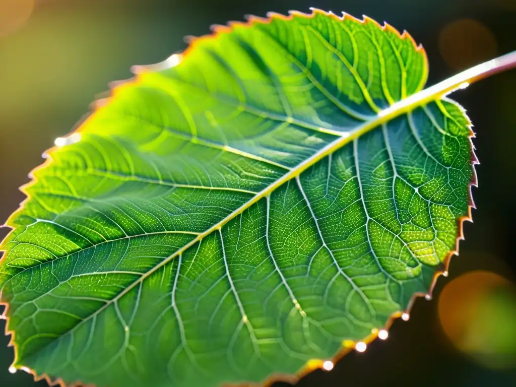 Detalle de una hoja verde vibrante iluminada por la suave luz dorada del sol, creando una atmósfera cálida y relajante