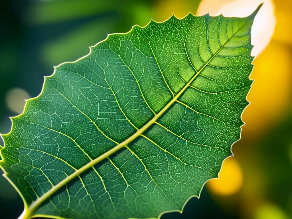 Detalle de una hoja verde vibrante iluminada por el sol, con venas y texturas