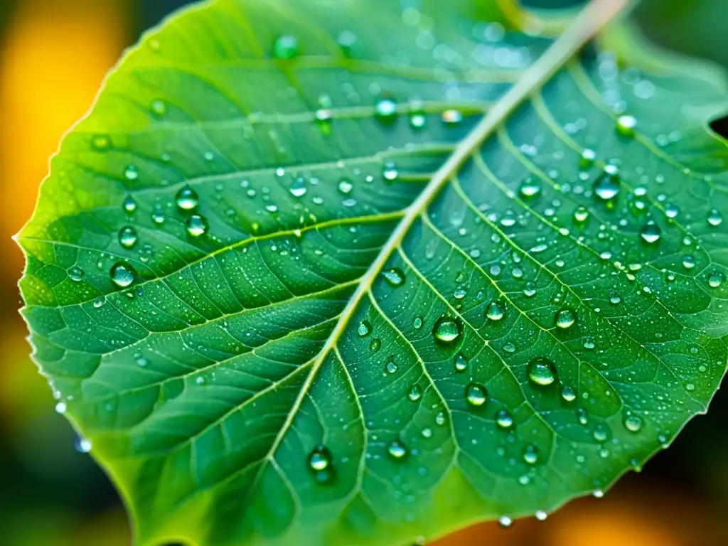 Detalle de una hoja verde vibrante con gotas de agua, transmitiendo frescura y vitalidad