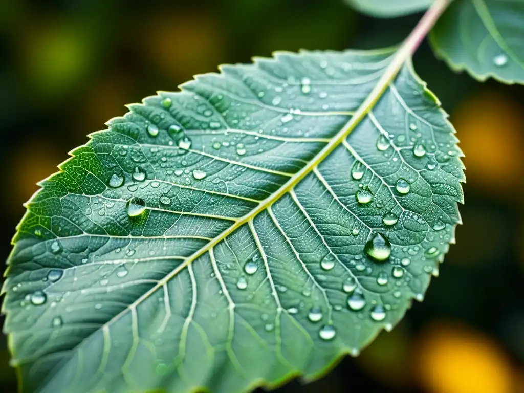 Detalle de hoja verde vibrante con delicadas venas y gotas de agua