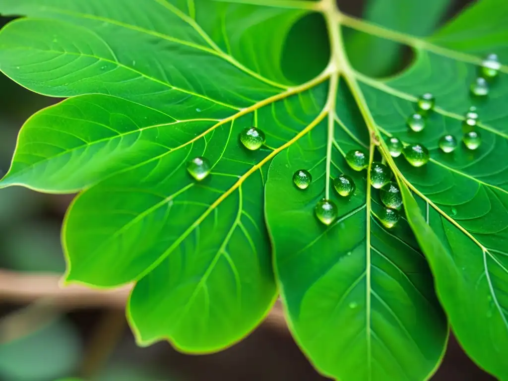 Detalle de hojas frescas de moringa con gotas de agua, mostrando su belleza natural