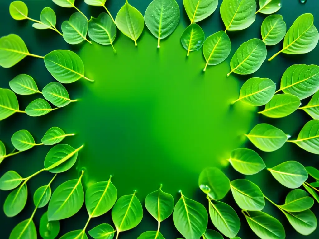 Detalle de hojas frescas de moringa, con patrón circular y tonos verdes vibrantes