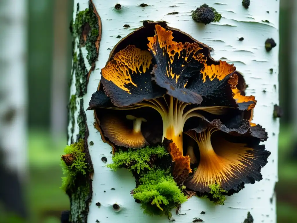 Detalle de hongos Chaga en un abedul, realzando su belleza natural