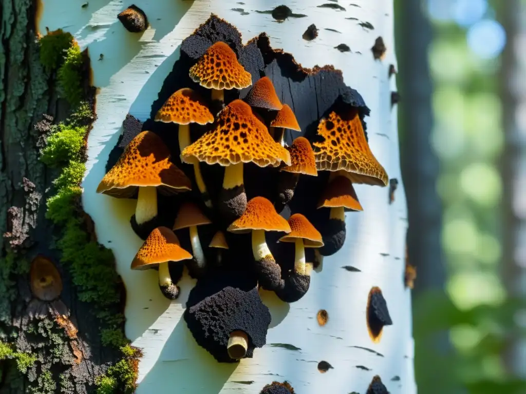 Detalle de hongos Chaga en abedul, resaltando su textura única