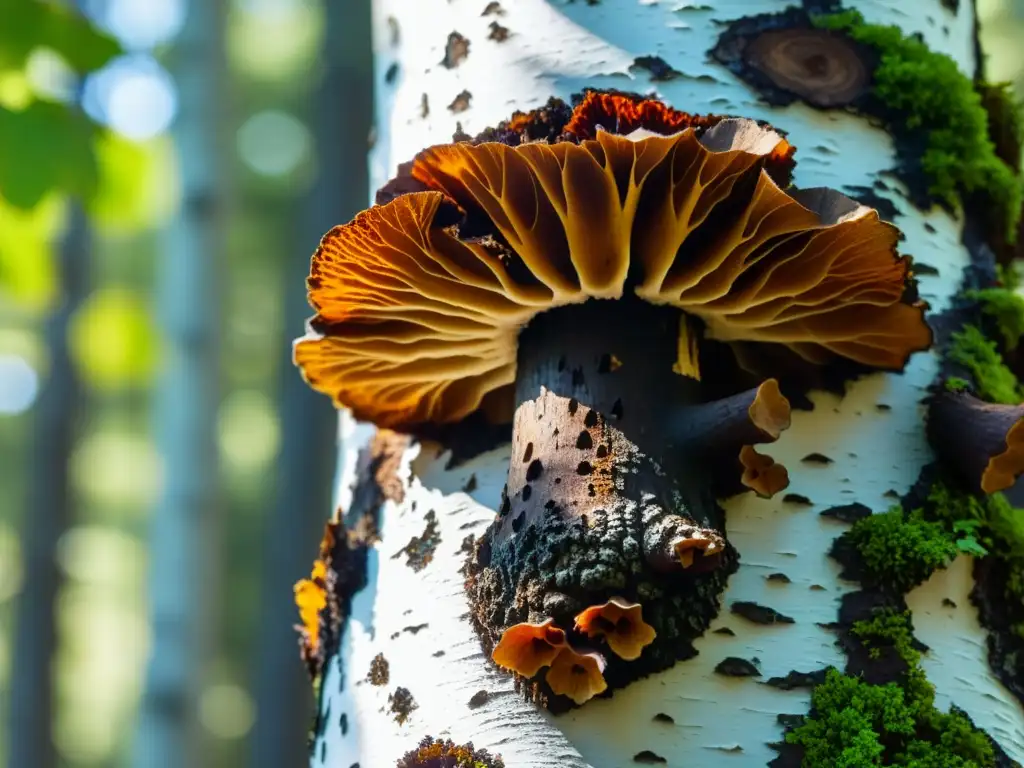 Detalle de hongos Chaga en árbol de abedul, resaltando su belleza natural y beneficios para el sistema inmunológico