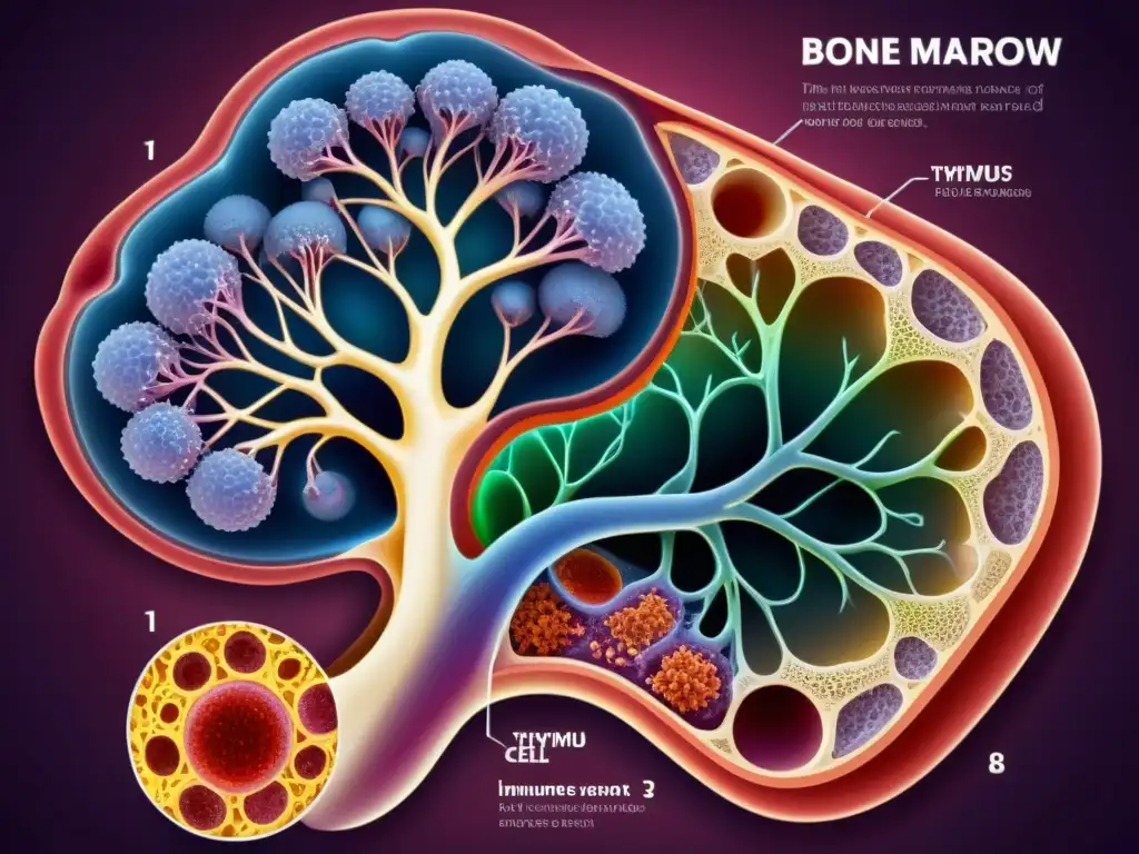 Detalle ilustrado de la función médula ósea y timo en el sistema inmunológico, resaltando su importancia con colores vibrantes y detalles intrincados