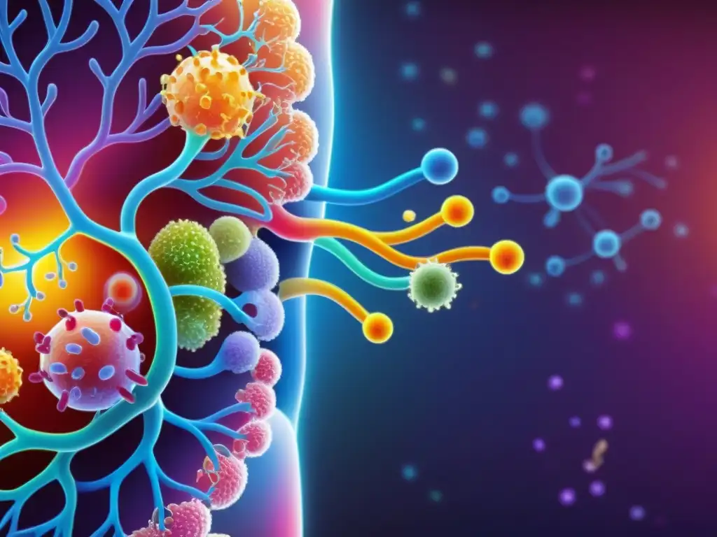 Detalle ilustrado de la microbiota intestinal y su interacción con el sistema inmunológico, destacando los puntos de acupuntura