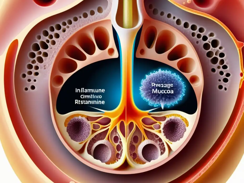 Detalle ilustrado del sistema respiratorio e inmunológico de un niño con alergias infantiles, mostrando la inflamación y la respuesta inmune