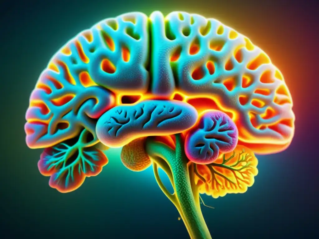 Redes neuronales detalladas del cerebro humano en colores vibrantes Detalle impactante del cerebro humano, resaltando intrincadas redes neuronales en vibrantes colores