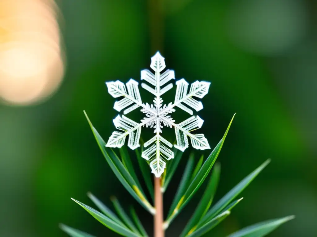 Detalle impresionante de un copo de nieve sobre una hoja de pino, resaltando la importancia del magnesio en inmunidad