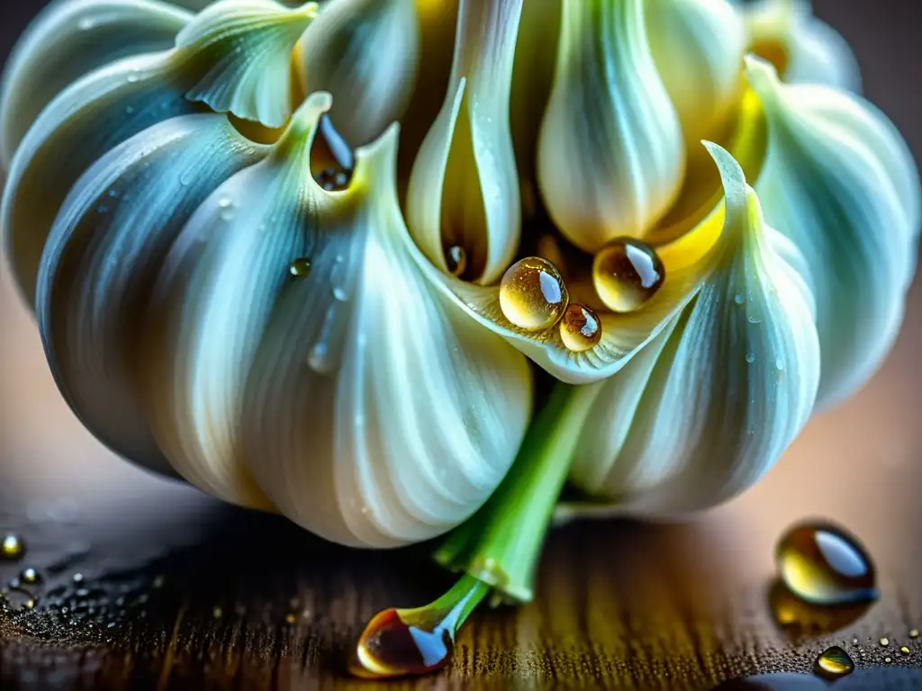 Detalle impresionante de un diente de ajo fresco con gotas de agua, resaltando su belleza natural y el poder del ajo contra virus