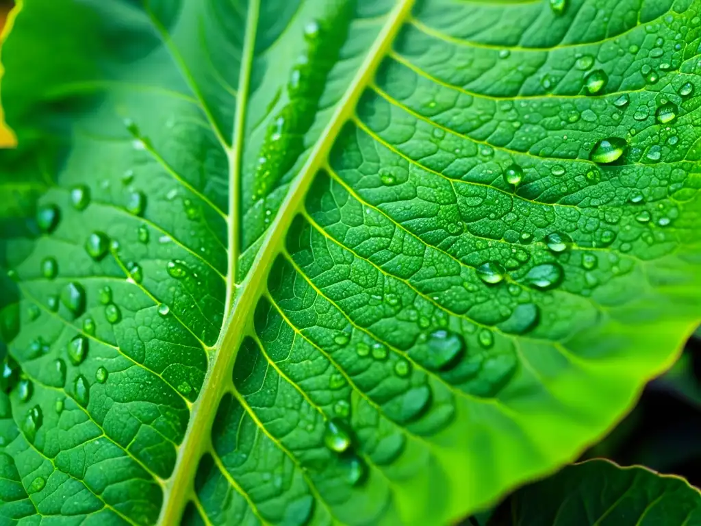 Detalle impresionante de hoja verde con gotas de agua, resaltando la importancia del magnesio en inmunidad