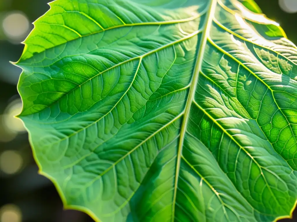 Detalle impresionante de una hoja verde vibrante con venas delicadas, bañada por la luz solar