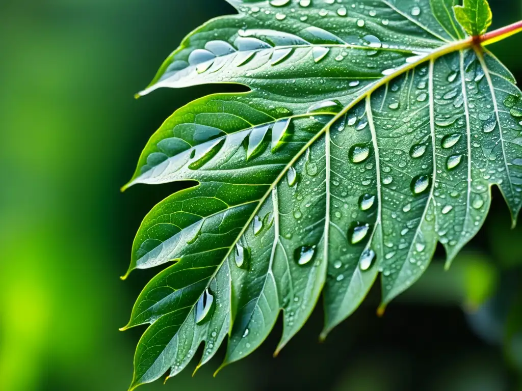 Detalle impresionante de una hoja verde con gotas de agua, reflejando la luz solar