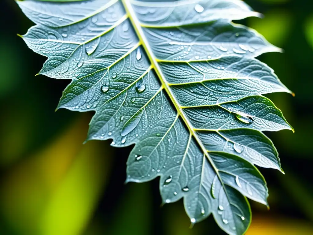 Detalle impresionante de una hoja verde con gotas de agua brillantes, resaltando la belleza natural