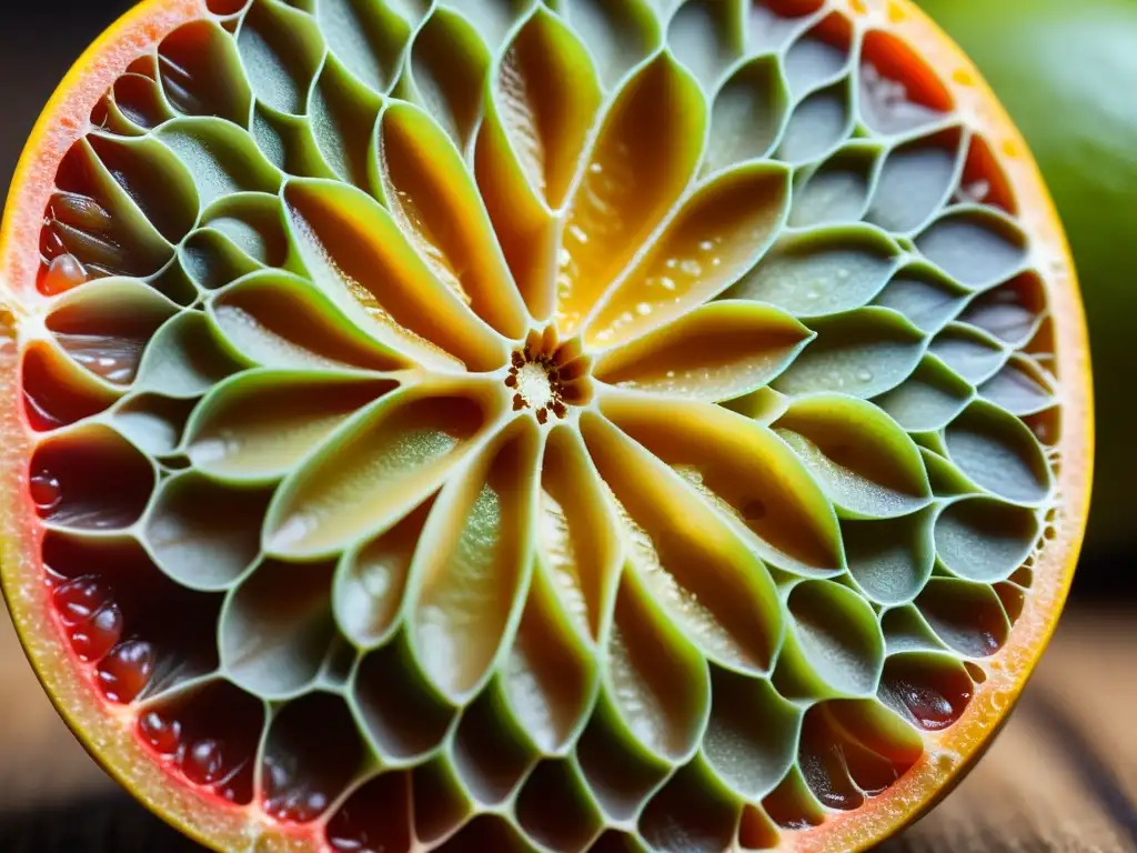 Detalle impresionante de una semilla de pomelo, resaltando su belleza natural