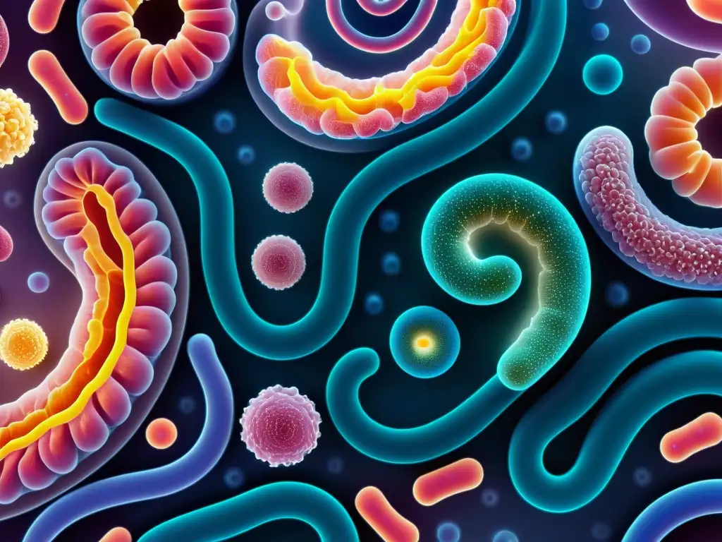 Detalle de microbiota intestinal saludable y vibrante, resaltando la diversidad de bacterias beneficiosas entre las vellosidades intestinales